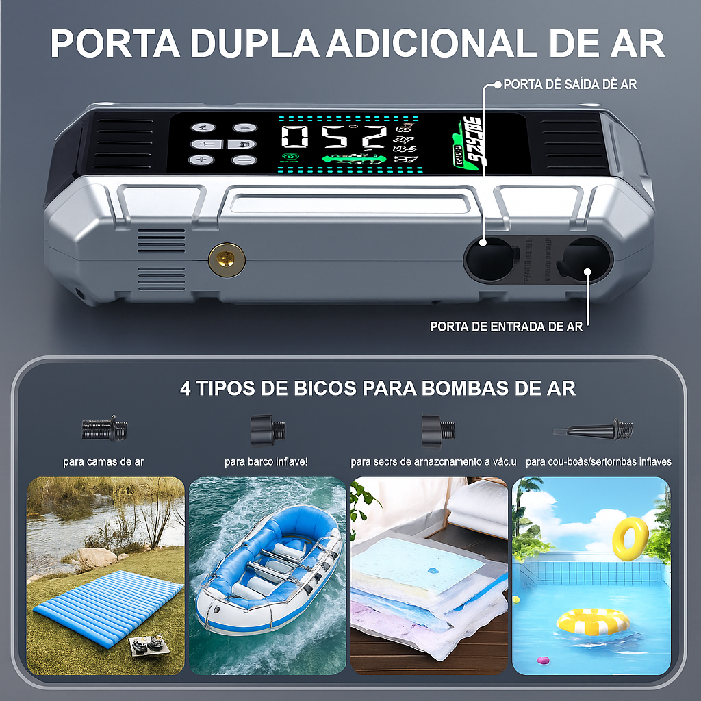 Jump Starter 6000A com Bomba de Ar 150PSI – Emergência Automotiva | Esquenta Black Friday