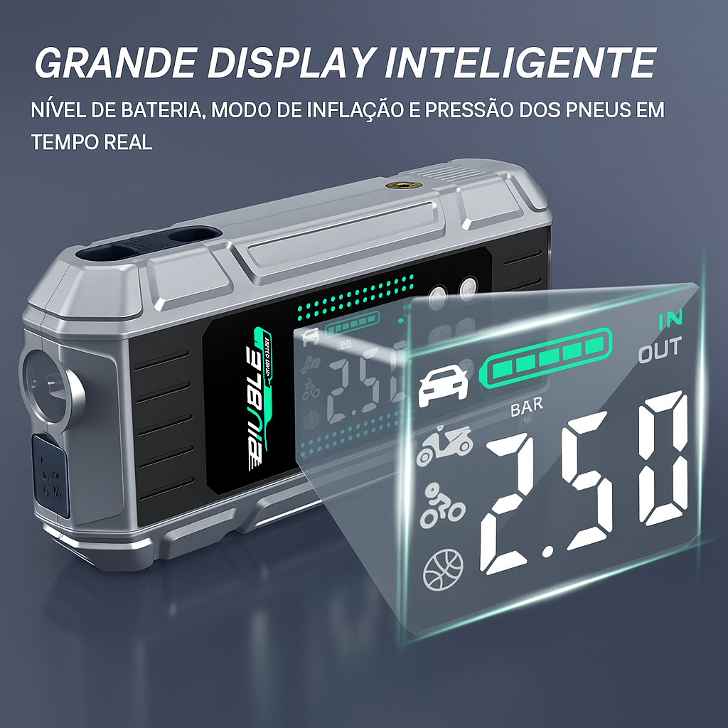 Jump Starter 6000A com Bomba de Ar 150PSI – Emergência Automotiva | Esquenta Black Friday