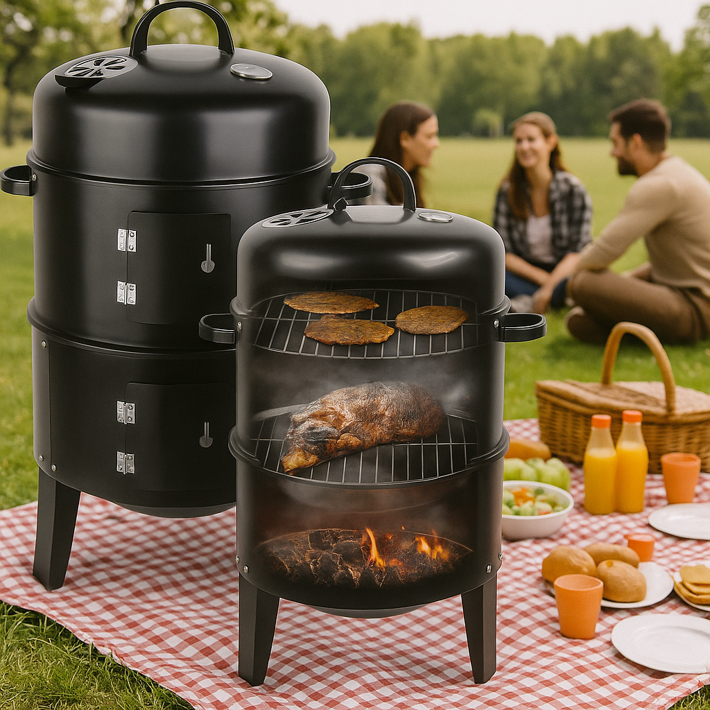 Churrasqueira e Defumador 3 em 1 Portátil a Carvão com Termômetro Embutido - 🔥Black Friday🔥