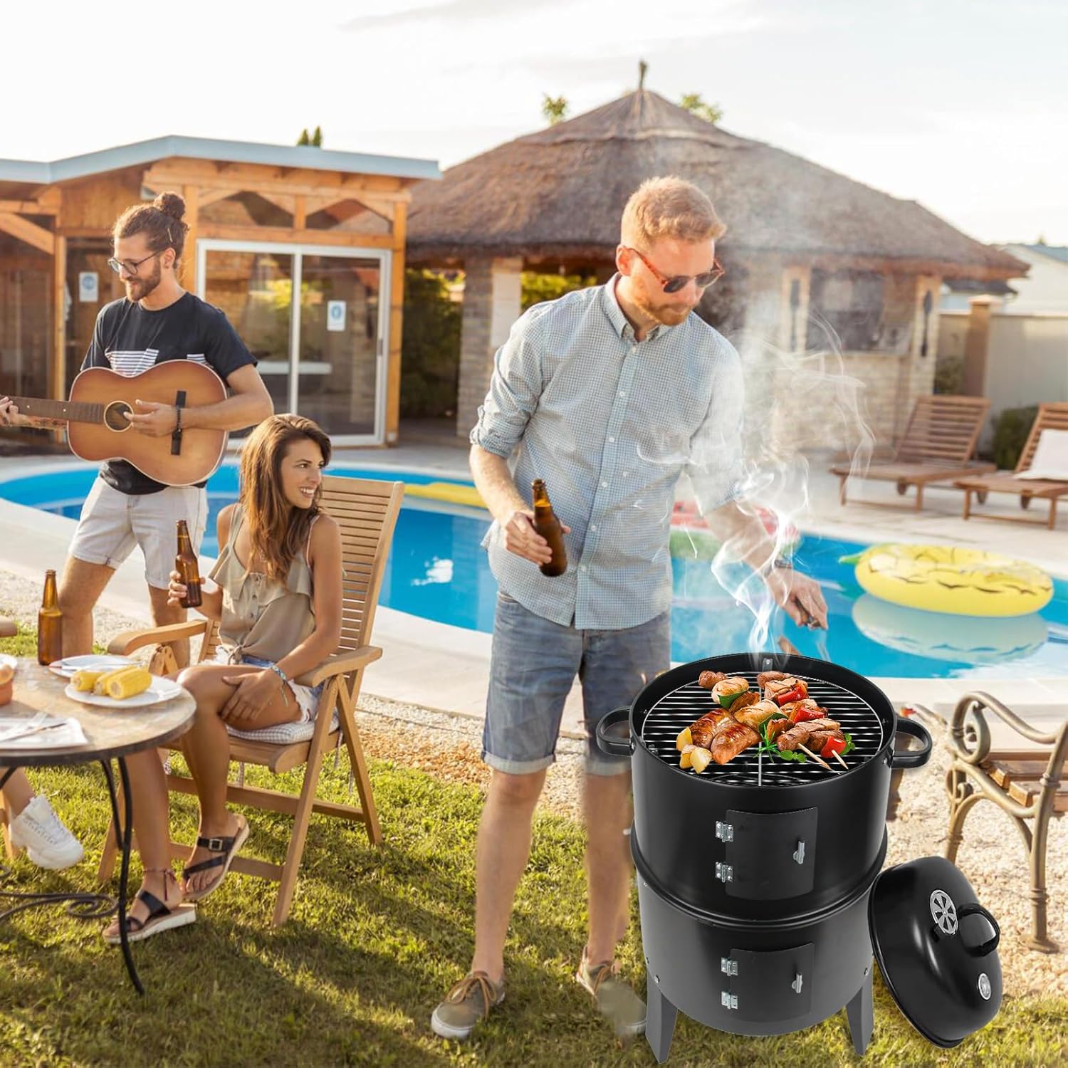 Churrasqueira e Defumador 3 em 1 Portátil a Carvão com Termômetro Embutido - 🔥Black Friday🔥